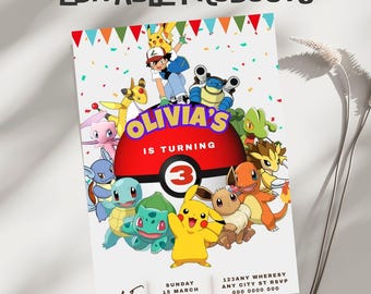 Tarjeta de cumpleaños de Pokémon editable e imprimible (5x7) Producto digital descargable