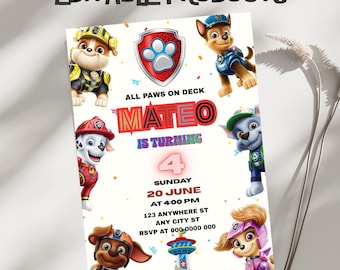 Plantilla de invitación de cumpleaños de Puppy Patrol, temática "Papá Noel", editable en Canva (descarga digital)