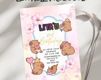 Plantilla editable e imprimible para invitación de cumpleaños de CapyBara (5x7) Producto digital descargable