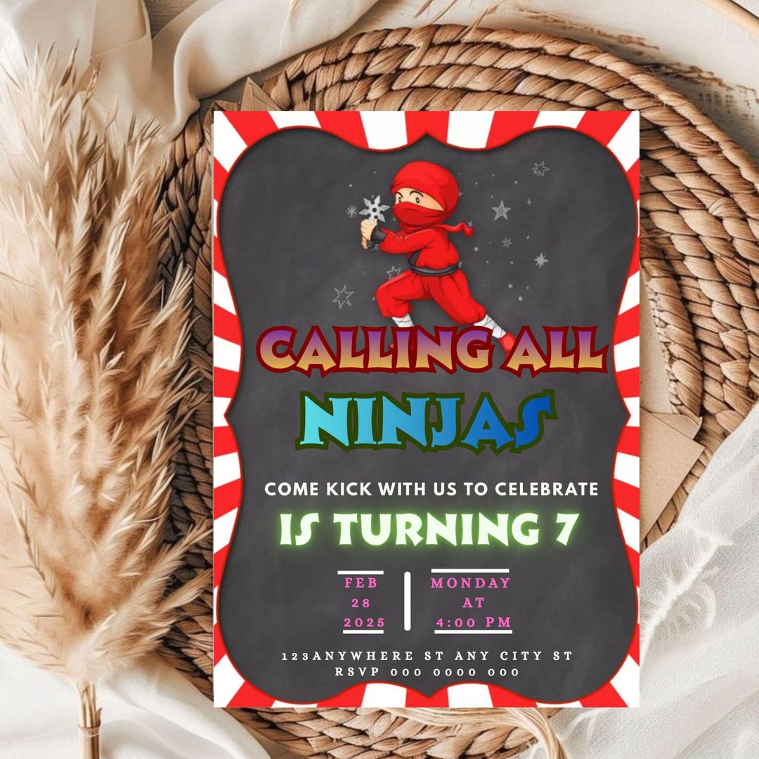 Editable Ninja Birthday Party Invitation Template (5x7) Digital ...