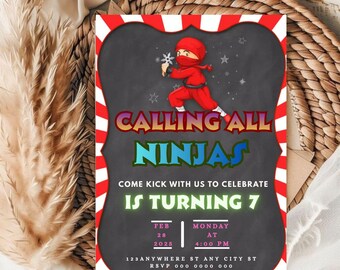 Plantilla de invitación de cumpleaños ninja editable (5x7) Producto descargable digitalmente