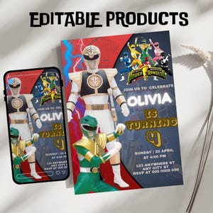 Può includere: Un invito digitale e un display di telefono cellulare con i personaggi dei Mighty Morphin Power Rangers. Il design include il Ranger Bianco e il Ranger Verde, con il testo Olivia is turning 4, Sunday 20 April at 4:00 PM, 123 Anywhere St.