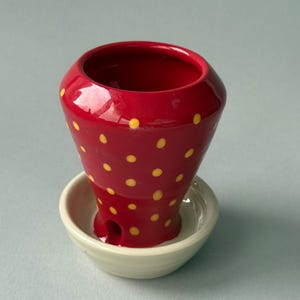 May include: A red ceramic planter with yellow polka dots and a wide opening at the top. The planter features a small drainage hole near the base and sits inside a separate, shallow, off-white circular saucer designed to catch excess water.