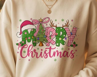 Retro Frohe Weihnachten PNG mit Baum | Pink Christmas Sublimations Design für Shirts & Tassen | Digitaler Download