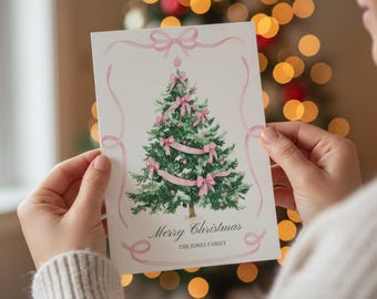 Rosa Schleifen-Weihnachtsbaum-Karte: Bearbeitbare Weihnachtskarte (Digitaler Download)