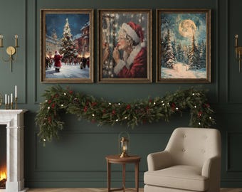 Vintage Weihnachts-Kunst-Set: 6 digitale Drucke, Schneemann, Weihnachtsbaum, Weihnachtsmann, Winter-Design für die Weihnachtsdeko | Digitaler Download