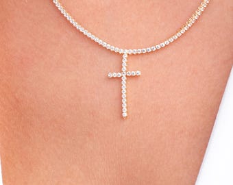 14K Solid Gold Cross Necklace, Dainty Minimalist Christian Jewelry