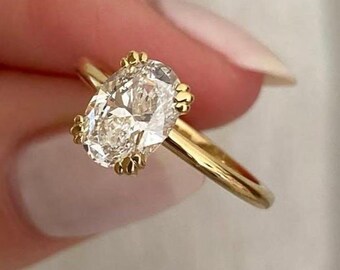 Triple Prong Ring, 2.5 CT Oval Cut Colorless Moissanite Ring, Solitaire Wedding Ring, 14K Solid Yellow Gold Engagement Ring, Proposal Ring