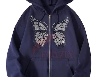 Rhinestone Butterfly Zip-Up Hoodie: Y2K Dark Blue Oversized Sweatshirt