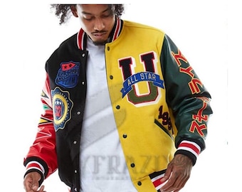 Vintage Patchwork Varsity Jacket, Embroidered Y2K Letterman Coat