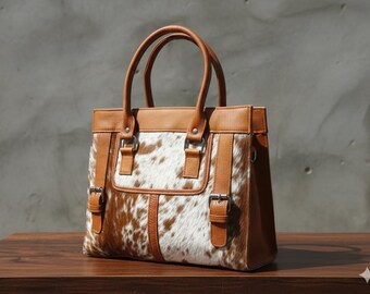 Puede incluir: Bolso tote de piel de vaca marrón y blanco con un diseño estructurado. El bolso presenta detalles en cuero marrón, incluyendo las asas, las correas y los ribetes. Tiene forma rectangular con asa superior y cierre de hebilla.