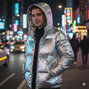 May include: Silver puffer jacket with a hood, featuring a shiny, iridescent finish. The jacket has a small logo on the chest and a pocket on the sleeve. The person is standing on a city street at night.