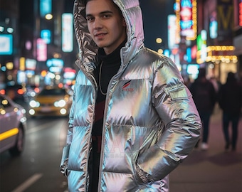 Silver Metallic Puffer Jacket, Reflective Hooded Winter Coat, Y2K Fashion