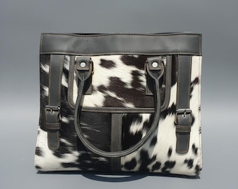 Cowhide Leather Tote Bag, Black and White Animal Print Handbag