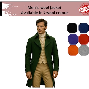 Puede incluir: Chaqueta de lana verde oscuro con chaleco beige y pantalones color caqui. La imagen incluye una paleta de colores de lana disponibles: negro, azul marino, morado, rojo, naranja y gris. Texto: "Men's wool jacket Available in 7 wool colour."