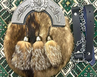 Scottish Brown Fur Thistle Cantle Sporran – Genuine Leather Kilt Sporran with Chain Belt