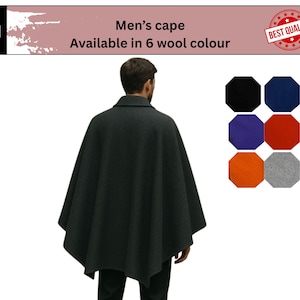 Puede incluir: Una capa de lana gris oscuro con cuello, vista desde atrás. La imagen incluye una paleta de seis colores de lana: negro, azul marino, morado, rojo, naranja y gris. El texto dice "Men's cape Available in 6 wool colour."