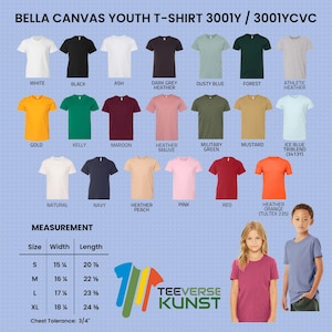 以下が含まれることがあります： 白、黒、ネイビーなど、さまざまな色のBella CanvasユースTシャツの製品画像。 SからXLまでのサイズを含む測定チャートも表示されています。 幅は38.4 cmから46 cm、長さは53 cmから61.9 cmです。 ブランドロゴも表示されています。