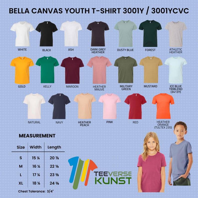 以下が含まれることがあります： 白、黒、ネイビーなど、さまざまな色のBella CanvasユースTシャツの製品画像。 SからXLまでのサイズを含む測定チャートも表示されています。 幅は38.4 cmから46 cm、長さは53 cmから61.9 cmです。 ブランドロゴも表示されています。