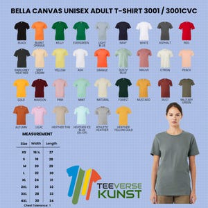 以下が含まれることがあります： 黒、オレンジ、緑、青など、さまざまな色のBella Canvasユニセックス大人用Tシャツ。画像には、cm単位の測定値を含むサイズチャートと、灰色のTシャツを着た女性も表示されています。