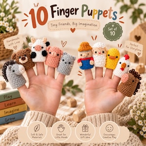 Puede incluir: Un conjunto de 10 marionetas de dedo tejidas a ganchillo con varios personajes animales y humanos, incluyendo un caballo, oso, vaca, cerdo, gato, persona, oveja, pato, pollo y otro caballo. El texto 10 Finger Puppets es visible en la imagen.