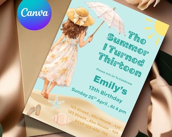 Verjaardagsuitnodiging The Summer I Turned Pretty - digitale download - verjaardagsuitnodiging kust - bewerkbare uitnodiging strandfeest - oceaanthema