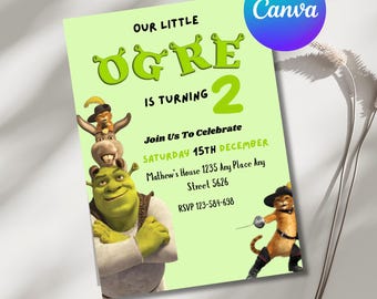 Little boeman, Shrek-verjaardagsuitnodiging, bewerkbare canvassjabloon, afdrukbaar 5 x 7 inch
