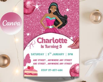 Pink Fashion Doll Birthday Party Invitation , Girls Doll Theme Invite, Instant Download