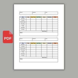 May include: A printable timesheet template featuring two identical weekly logs. Each section includes fields for Name, Month, and Year, followed by a table with columns for Day, Date, Start Time, End Time, Breaks, Overtime, and Total, plus a Notes area.