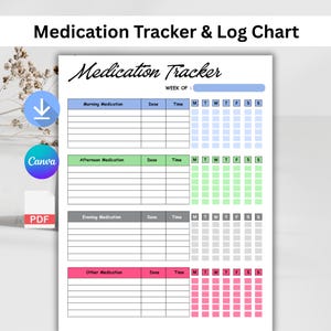 May include: A white medication tracker and log chart with four color-coded sections for morning, afternoon, evening, and other medications. Each section includes columns for dose, time, and a seven-day weekly checklist labeled M, T, W, T, F, S, S.