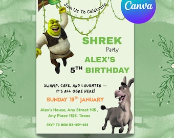 Shrek-verjaardagsuitnodiging, bewerkbare canvassjabloon, afdrukbaar 5 x 7 inch