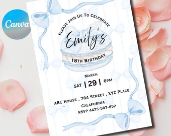 Blue Bow Birthday Invitation: Coquette Party Invite, Canva Template (Digital Download) , 18th 30th Birthday