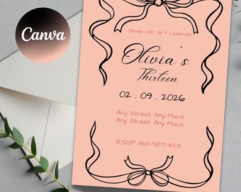Pink & Black Bow Birthday Invitation, Editable Canva Template (5x7 in)