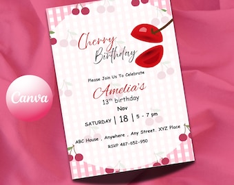 Cherry 1st Birthday Party Invitation: Cherry Design, Printable Canva Template (Digital Download)