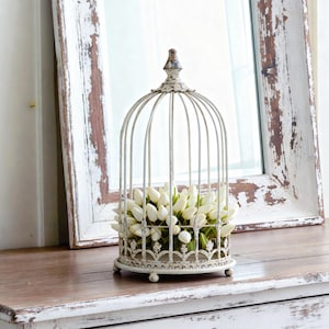 Jaula francesa vintage para pájaros – Jaula decorativa blanca envejecida para decoración de mesa estilo shabby chic, rústico y campestre