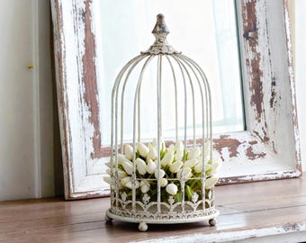 Vintage French Birdcage – Distressed White Decorative Cage for Shabby Chic, Farmhouse & Cottage Tabletop Decor