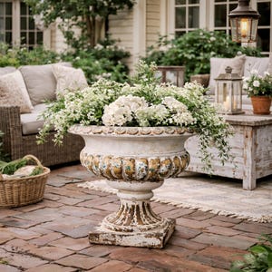 May include: A large, distressed white urn with gold and blue detailing, overflowing with white flowers and foliage. The urn is on a brick patio. A wicker sofa and wooden table are in the background. A lantern hangs above.