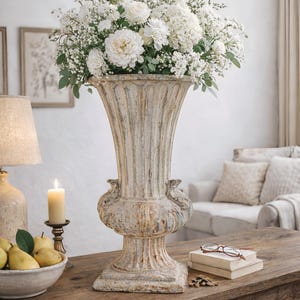 French Vintage Urn Vase with Distressed Stone Finish, Tall Decorative Planter