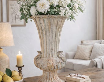 French Vintage Urn Vase with Distressed Stone Finish, Tall Decorative Planter