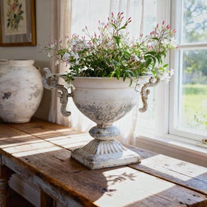 Puede incluir: Un jarrón blanco envejecido, adornado con asas decorativas, contiene flores de jazmín y se encuentra sobre una mesa de madera rústica. El jarrón tiene una base de pedestal y un acabado desgastado. Otro jarrón y una estampa botánica enmarcada son visibles en el fondo.