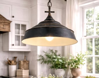 Black Industrial Pendant Light, Rustic Farmhouse Hanging Lamp
