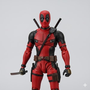 May include: A Deadpool action figure in a red and black suit, with a mask and two swords on its back. The figure is holding a silver sword in its right hand. The figure has a brown belt and pouches.