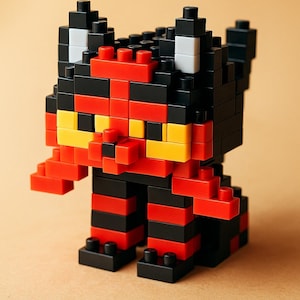 May include: A pixelated cat figure constructed from black, red, yellow, and white building blocks. The toy cat has a blocky design with a red face, yellow eyes, and black and red striped legs. The cat is standing on a flat surface.