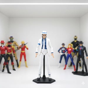 May include: A white action figure of a man in a white suit, blue tie, and white hat, standing on a black base. Other action figures are in the background, including figures in red, yellow, and blue outfits.