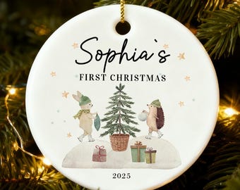 My First Christmas Ornament 2025 Woodland Nativity Baby Ornament, Personalized Keepsake Gift with Animals, Custom Holiday Decoration