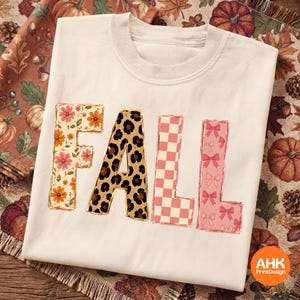 Fall Letters PNG, Decorative Fall Shirt Design, Leopard Floral Checkered Bow, Preppy Autumn T-Shirt, Fall Sublimation Design