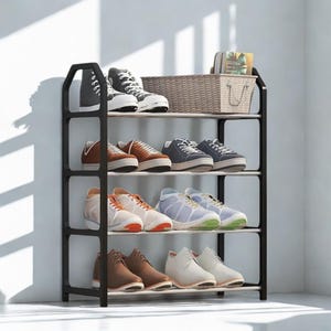 Peut inclure: Étagère à chaussures en métal noir à quatre niveaux, contenant diverses paires de baskets et de chaussures décontractées. Les chaussures sont de différentes couleurs, dont le noir, le blanc, le marron, le bleu et l'orange. Un panier en osier et des livres sont sur l'étagère supérieure.