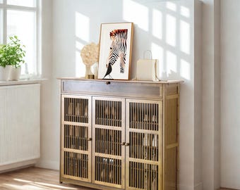 Bamboo Shoe Storage Cabinet Sideboard Wooden Shoe Rack Bench Ventilated Shoe Cabinet with 3 Door Shoe Bench Console Table Shoe Storage Bench