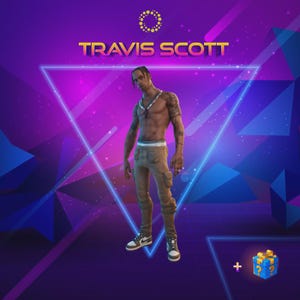 May include: A digital graphic featuring Travis Scott. He is depicted wearing tan cargo trousers, trainers, and a silver chain. The background is a vibrant mix of purple and blue geometric shapes, with the name "Travis Scott" in gold.