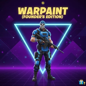 Peut inclure: Illustration numérique d'un personnage en tenue tactique bleue et noire, tenant un fusil. Le personnage porte un masque de crâne et se détache sur un triangle bleu néon et un fond violet et noir. Le texte "WARPAINT (FOUNDER'S EDITION)" est affiché.